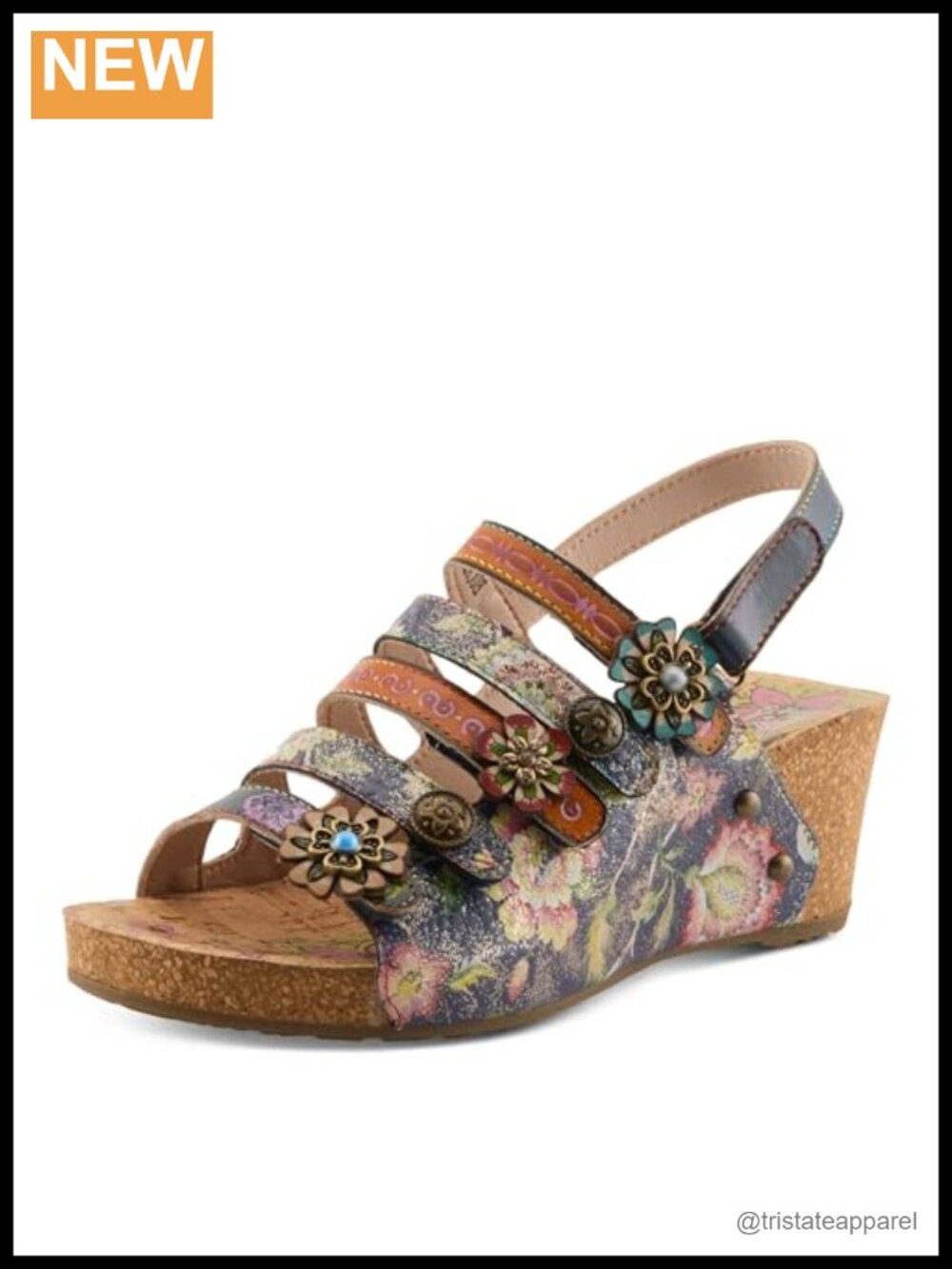 L'Artiste Hand-Painted Floral Leather Cork Wedge Sandals Adjustable Hook & Loop